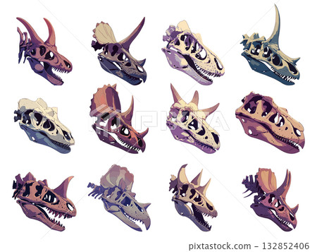 Set of dinosaur skulls of different species, ancient animals, horns and teeth, vector illustration Set of dinosaur skulls of different species, ancient animals, horns and teeth, vector illustration 132852406