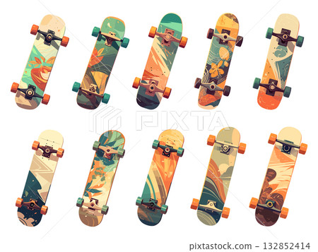 Set of cartoon skateboards with different colors and styles, street culture, youth transport, vector illustration Set of cartoon skateboards with different colors and styles, street culture, youth transport, vector illustration 132852414