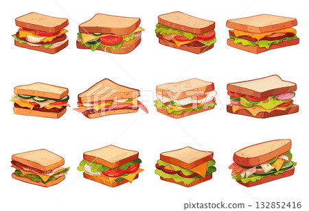 Set of cartoon sandwiches with different fillings of vegetables and meat, eggs, different bun shapes, light snack, lunch, vector illustration 132852416