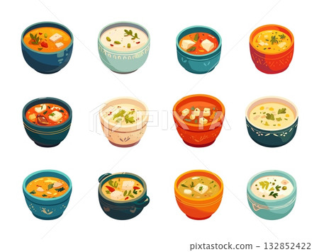 Set of cartoon plates with different soups, different shapes and vegetables filling, decoration with greenery, delicious food, vector illustration Set of cartoon plates with different soups, different shapes and vegetables filling, decoration with greenery, delicious food, vector illustration 132852422