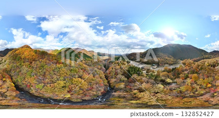 Autumn leaves at Akiu Falls - Aerial VR photography 132852427