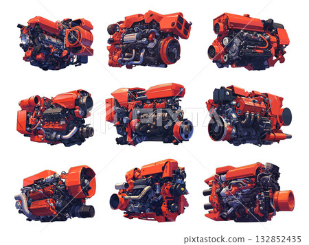 Set of cartoon fantasy internal combustion engines, mechanical parts, automobile part, vector illustration Set of cartoon fantasy internal combustion engines, mechanical parts, automobile part, vector illustration 132852435