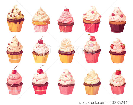 Set of cartoon cupcakes, various decorations, shapes, berries, chocolate pieces, sweet dessert, vector illustration 132852441