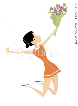 Happy young woman holds flowers. Happy jumping woman holds a bunch of flowers. Isolated on white background	 132852448