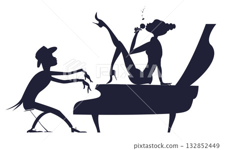 Couple musicians. Singer woman and pianist man. Duet of musicians. Singer woman sitting on the piano and pianist man. Black on white silhouette 132852449