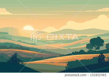 Cartoon sunrise in the hills in summer in nature, view of the valley with trees and bushes, nature background, vector illustration 132852465