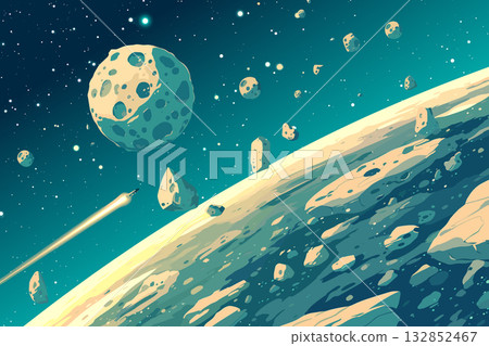 Cartoon spaceship flying near a planet in a meteorite field, space exploration, rocket in space, vector illustration 132852467