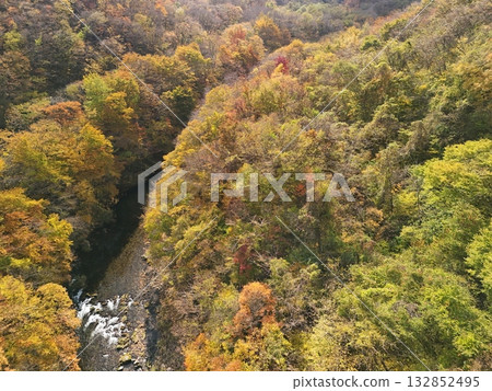 Aerial view of the Natori River in Akiu with autumn leaves 132852495