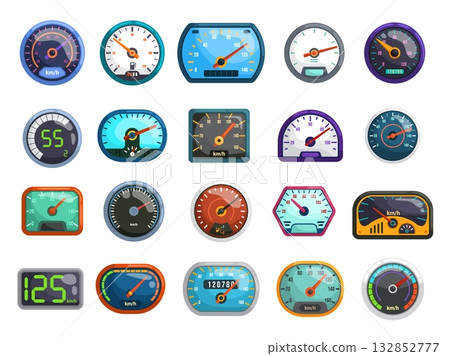 Cartoon speedometers. Cars speed meter, auto rpm gauge fuel indicator odometer vehicle dashboard automobile panel race fast measurement accelerate power, kicky vector illustration 132852777