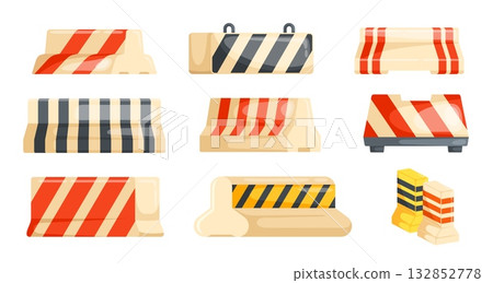 Concrete road barricade. Danger traffic way barricade, roadblock barrier street construction work block forbidden no entry realistic roadway barricade, kicky vector illustration Concrete road barricade. Danger traffic way barricade, roadblock barrier street construction work block forbidden no entry realistic roadway barricade, kicky vector illustration 132852778
