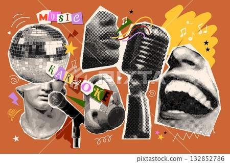 Karaoke collage. Retro music 90s party, singer sing mouth song in mic podcast pop art halftone banner microphone disco funky dj radio grunge rock concept, exact vector illustration 132852786