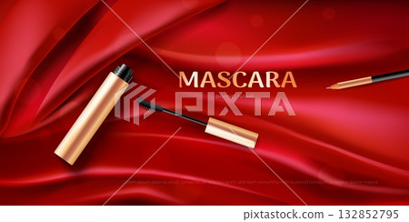 Mascara banner. Realistic eyelash brush on red silk fabric background, golden mascara luxury product advertising makeup eyebrow pencil beauty cosmetic ad poster vector illustration Mascara banner. Realistic eyelash brush on red silk fabric background, golden mascara luxury product advertising makeup eyebrow pencil beauty cosmetic ad poster vector illustration 132852795