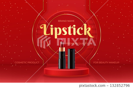 Lipstick podium. Realistic lipstick open tube on pedestal red luxury background, cosmetic product display presentation advertising banner beauty makeup concept vector illustration Lipstick podium. Realistic lipstick open tube on pedestal red luxury background, cosmetic product display presentation advertising banner beauty makeup concept vector illustration 132852796