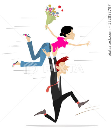 Love couple rendezvous. Hearts symbol. Love couple. Happy running young man carries his woman on the hands above the head. Isolated on white background 132852797