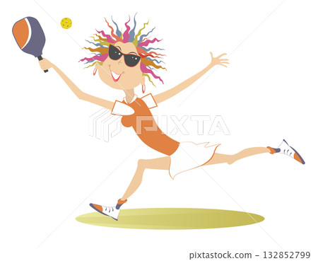 Smiling young woman playing pickleball. Cartoon woman in sunglasses plays pickleball. Isolated on white background Smiling young woman playing pickleball. Cartoon woman in sunglasses plays pickleball. Isolated on white background 132852799