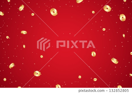 Chinese golden coins. Realistic gold rain. flying fall coin casino win red background, new year japan luck festive asian money cash jackpot celebration concept vector illustration 132852805