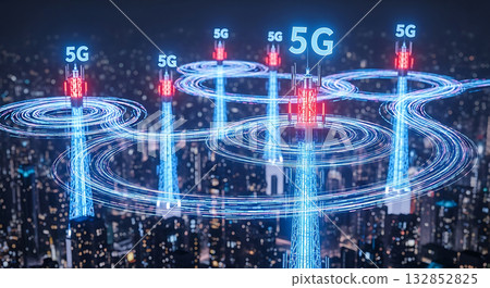 5 G communication towers transmitting data signals across a dark city skyline cell tower antenna 132852825