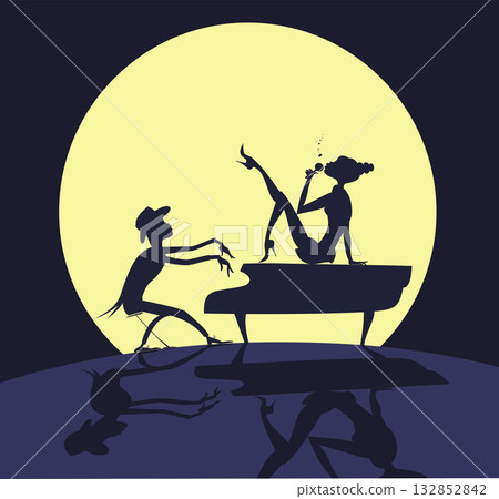 Couple musicians. Full moon. Singer woman and pianist man. Silhouettes of a woman with a microphone and a pianist against the background of the moon 132852842