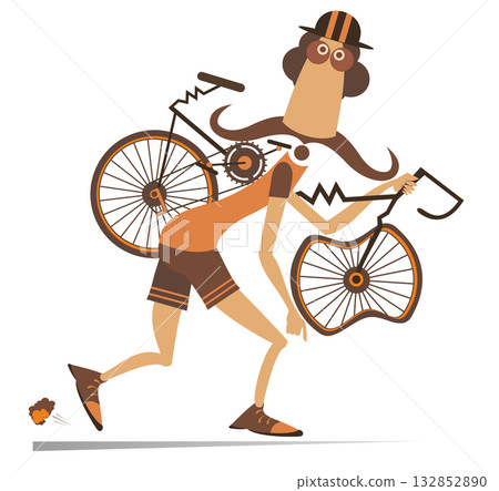 Tired cyclists man carrying a broken bike. Cartoon cyclist man carrying a broken bike on the shoulder. Isolated on white background	 132852890