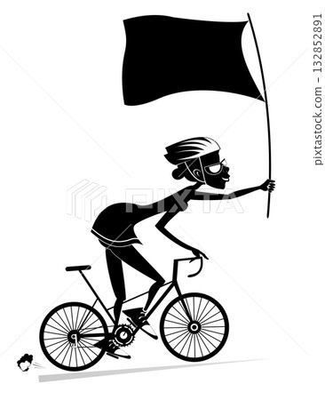 Cycling woman with flag in the hand. Smiling young woman in helmet and sunglasses riding a bike and holding a flag. Black and white illustration Cycling woman with flag in the hand. Smiling young woman in helmet and sunglasses riding a bike and holding a flag. Black and white illustration 132852891