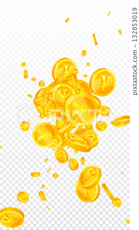Chinese yuan coins falling. Scattered gold CNY coins. China money. Global financial crisis concept. Vector illustration. 132853019