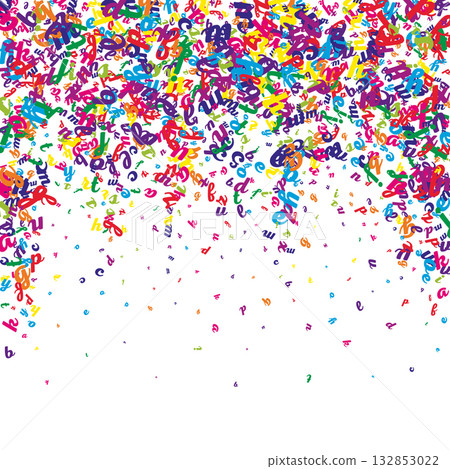 Scattered letters of latin alphabet. Colorful childish floating characters of English language. Foreign languages study concept. Back to school banner on white background. Scattered letters of latin alphabet. Colorful childish floating characters of English language. Foreign languages study concept. Back to school banner on white background. 132853022