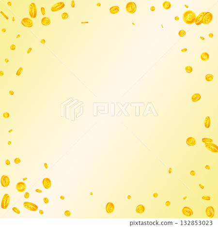 British pound coins falling. Scattered gold GBP coins. United Kingdom money. Global financial crisis concept. Square vector illustration. 132853023
