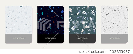 Notepad cover design. Terrazzo abstract background made of natural stones, granite, quartz and marble. Venetian terrazzo texture notepad cover template. Notepad cover design. Terrazzo abstract background made of natural stones, granite, quartz and marble. Venetian terrazzo texture notepad cover template. 132853027