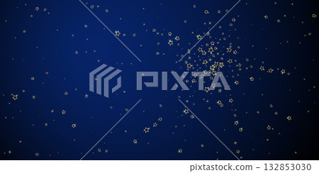 Gold sparkling star confetti. Chaotic dreamy childish overlay template. Festive stars vector illustration on dark blue background. Gold sparkling star confetti. Chaotic dreamy childish overlay template. Festive stars vector illustration on dark blue background. 132853030