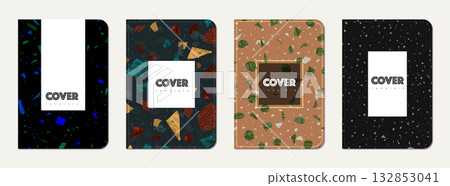 School notebook cover design. Terrazzo abstract background made of natural stones, granite, quartz and marble. Venetian terrazzo texture school notebook template. School notebook cover design. Terrazzo abstract background made of natural stones, granite, quartz and marble. Venetian terrazzo texture school notebook template. 132853041