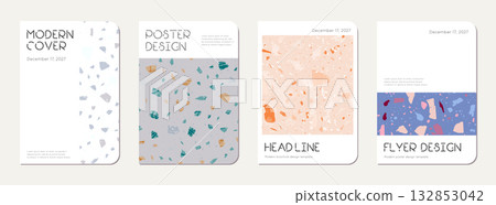 Brochure cover design. Terrazzo abstract background made of natural stones, granite, quartz and marble. Venetian terrazzo texture brochure template. Brochure cover design. Terrazzo abstract background made of natural stones, granite, quartz and marble. Venetian terrazzo texture brochure template. 132853042