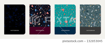 Notepad cover design. Terrazzo abstract background made of natural stones, granite, quartz and marble. Venetian terrazzo texture notepad cover template. Notepad cover design. Terrazzo abstract background made of natural stones, granite, quartz and marble. Venetian terrazzo texture notepad cover template. 132853045