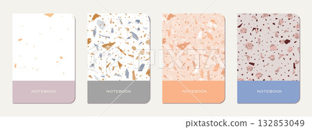 School notebook cover design. Terrazzo abstract background made of natural stones, granite, quartz and marble. Venetian terrazzo texture school notebook template. School notebook cover design. Terrazzo abstract background made of natural stones, granite, quartz and marble. Venetian terrazzo texture school notebook template. 132853049