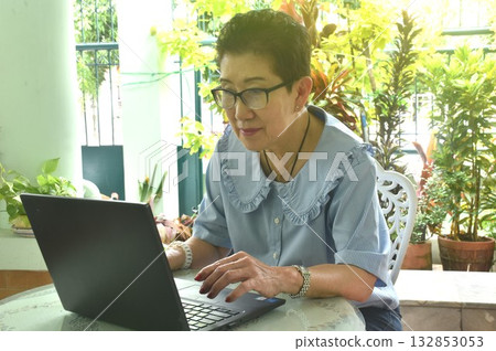 Asian elder woman enjoy working latop computer in front of home Asian elder woman enjoy working latop computer in front of home 132853053