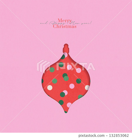 Christmas greeting card with hole in shape of bauble in 3D paper cut style. Pink, Red and green colors holiday confetti pattern with kraft cardboard texture. Vector illustration. Christmas greeting card with hole in shape of bauble in 3D paper cut style. Pink, Red and green colors holiday confetti pattern with kraft cardboard texture. Vector illustration. 132853062