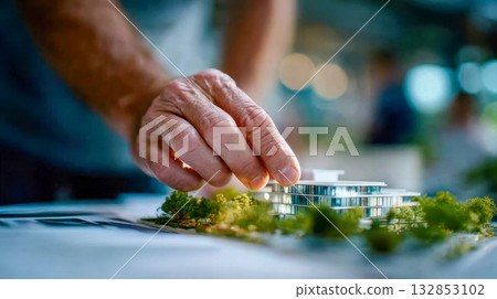 Architect drawing a miniature 3D model of a modern house on a digital tablet 132853102