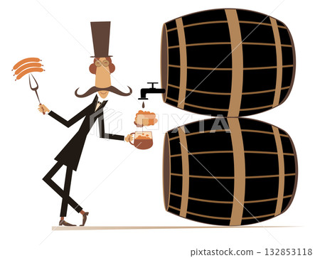 Cartoon man, sausages and big tuns of beer. Funny long mustache man in the top hat holds a fork with sausages and pours beer from the tun into the beer mug Cartoon man, sausages and big tuns of beer. Funny long mustache man in the top hat holds a fork with sausages and pours beer from the tun into the beer mug 132853118