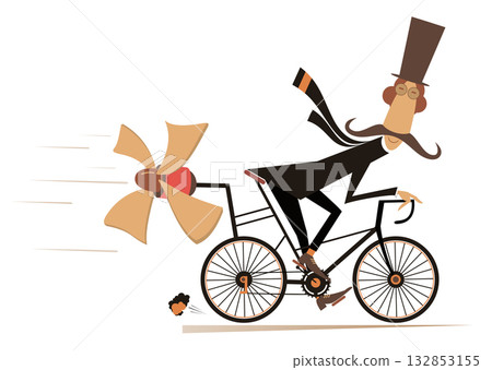 Long mustache man in the top hat rides on the bicycle. Cartoon mustache man in the top hat rides on the bicycle and tries to ride faster using a propeller 132853155