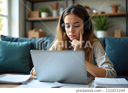 Sleepy student with tousled hair trying to read on line content in a laptop on a desktop in her room in a house interior 132853294