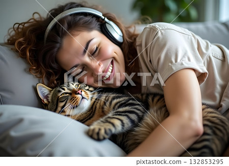 Shot of pretty young woman listening to music and relaxing while sitting on sofa at home. Teenager girl with cat and dog relaxed on couch 132853295