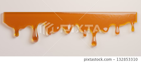 Golden Honey melt with glossy drops. The syrup, Liquid flows down. Drops of sweet yellow ice cream  in the form of a decorative border for culinary decoration, food design,  132853310