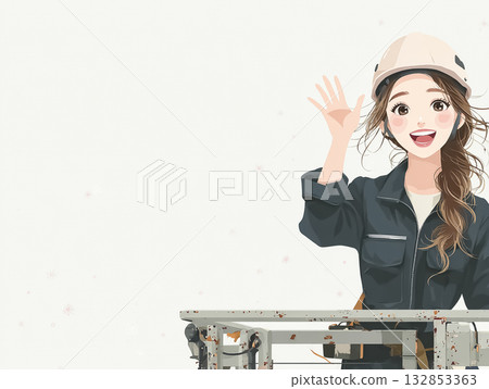 美優系列：一位女工程師站在高空作業車的鏟斗上，微笑著揮手。 132853363