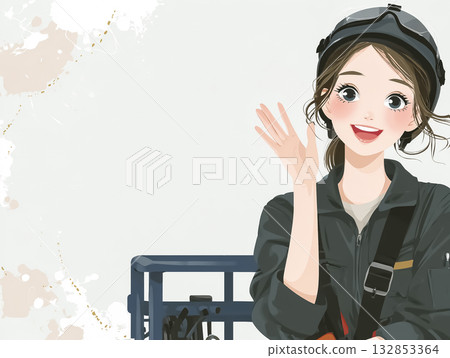 美優系列：一位女工程師站在高空作業車的鏟斗上，微笑著揮手。 132853364