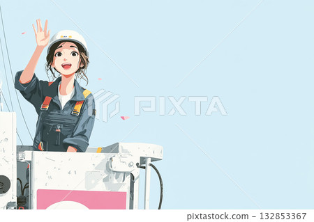 Miyu Series: A female engineer smiling and waving from the bucket of a high-altitude work vehicle 132853367