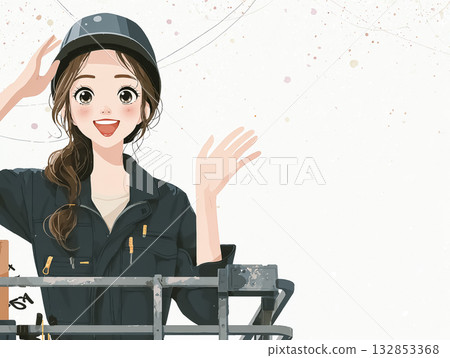 Miyu Series: A female engineer smiling and waving from the bucket of a high-altitude work vehicle 132853368