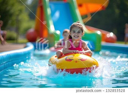 Young girl on water slide at aquapark. Summer holiday. Young girl on water slide at aquapark. Summer holiday. 132853528
