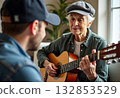 Grandson teaching her grandma how to play the guitar. Retired Senior lady have fun with musical instrument wile sitting on sofa, Hobby and leisure activity. Mental health. 132853529