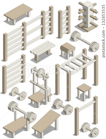 A set of sports equipment. Isometric. Isolated on white background. Vector illustration. A set of sports equipment. Isometric. Isolated on white background. Vector illustration. 132853535