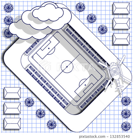 The stadium with a football field on the sheet in a cage. View from above. Vector illustration. 132853540