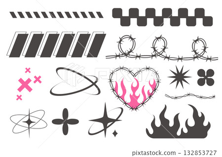 Y2k geometric elements trendy set, heart with flame, barbed wire, grid pattern. Groovy pink and gray cyber retro design elements. Y2k geometric elements trendy set, heart with flame, barbed wire, grid pattern. Groovy pink and gray cyber retro design elements. 132853727